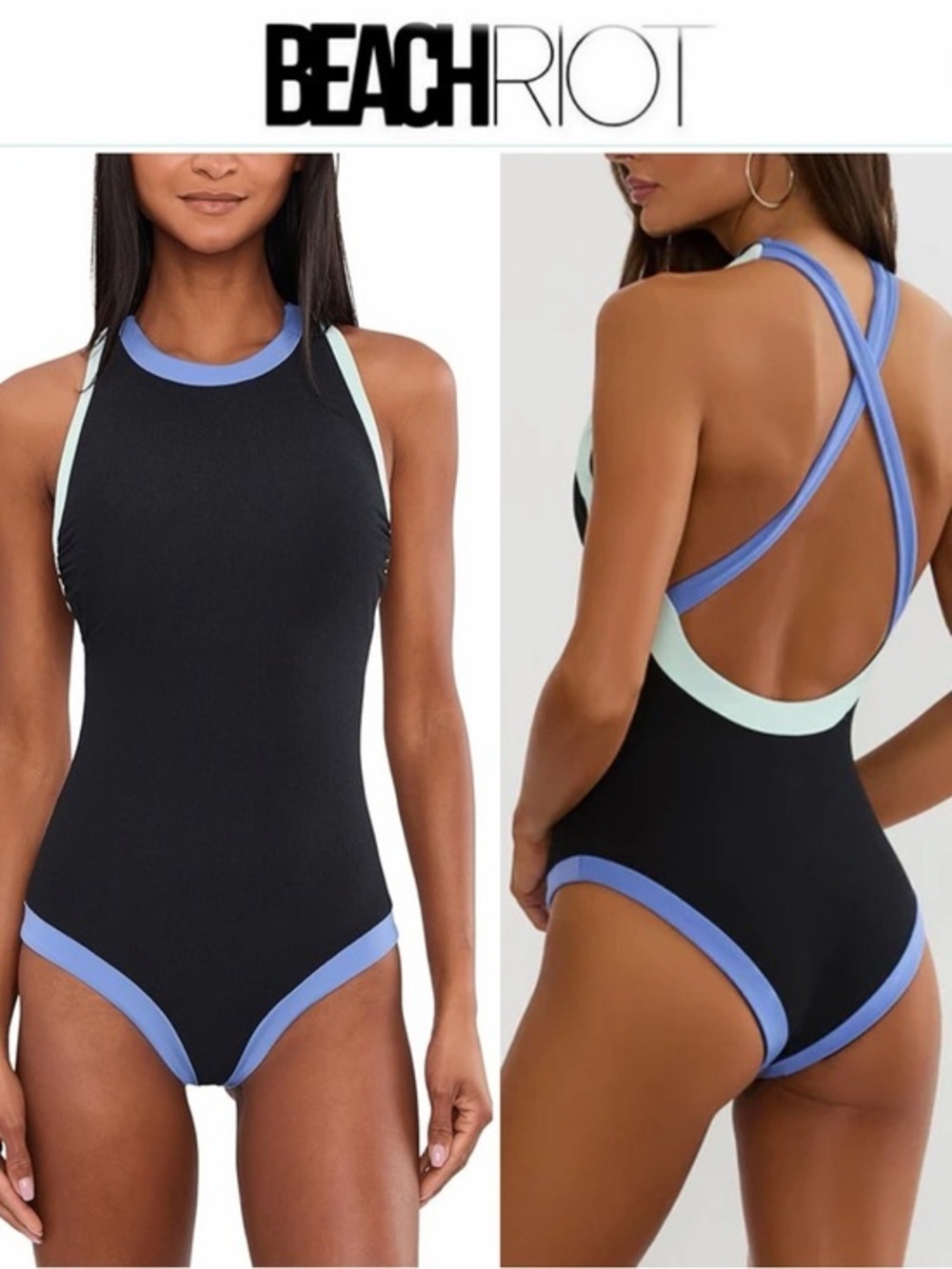 Beach Riot Steph Contrast Binding Rib One-Piece Swimsuit Sapphire Sea Colorblock